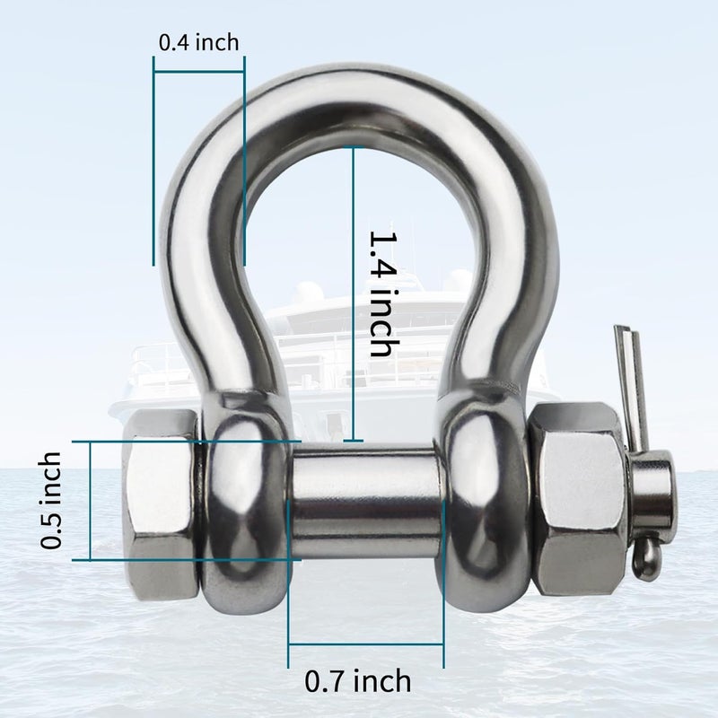 MEMUME Store Stainless Steel D Ring Shackles 1/4" 5/16" 3/8" 1/2 inch 316 SS Heavy Duty Boat Anchor Shackle Marine Grade Bow Shackles with Cotter Pins - Image 5